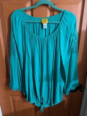 Ruby Rd. Teal Tie-Hem Boho Tunic with Crochet Sleeve